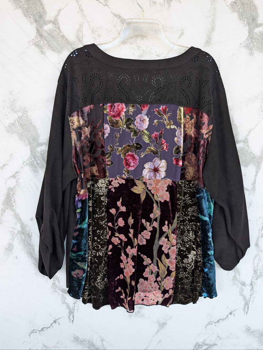 John March Black Multicolor Patchwork Faux Suede Embroidered Tunic Top 2X
